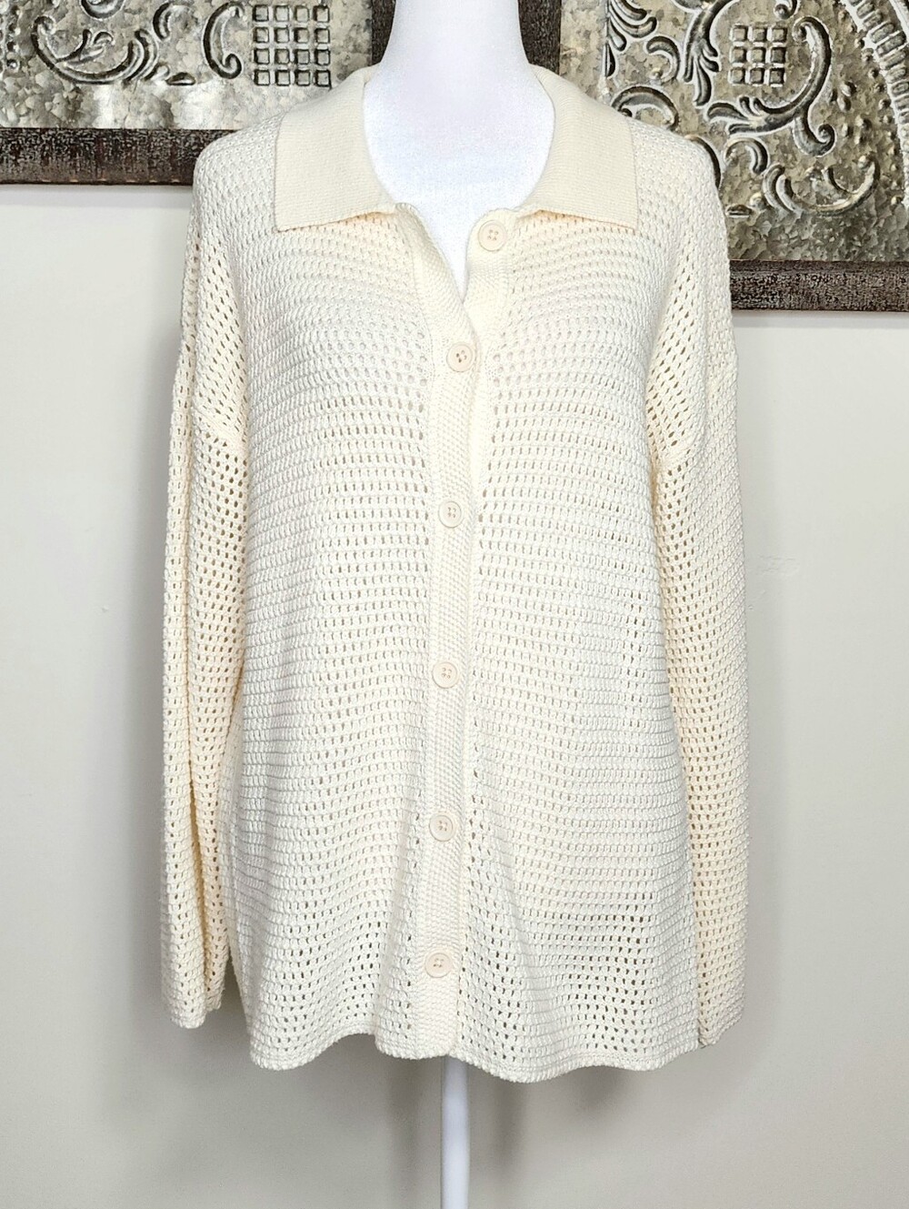 Halogen Cream Grandmacore Open-Knit Button-Front Collar Sweater Small Oversized